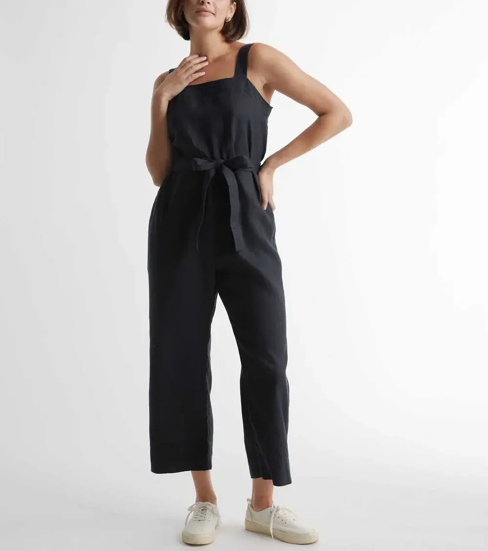NWT Quince European Linen Square Neck Sleeveless Jumpsuit Black Women's Size S